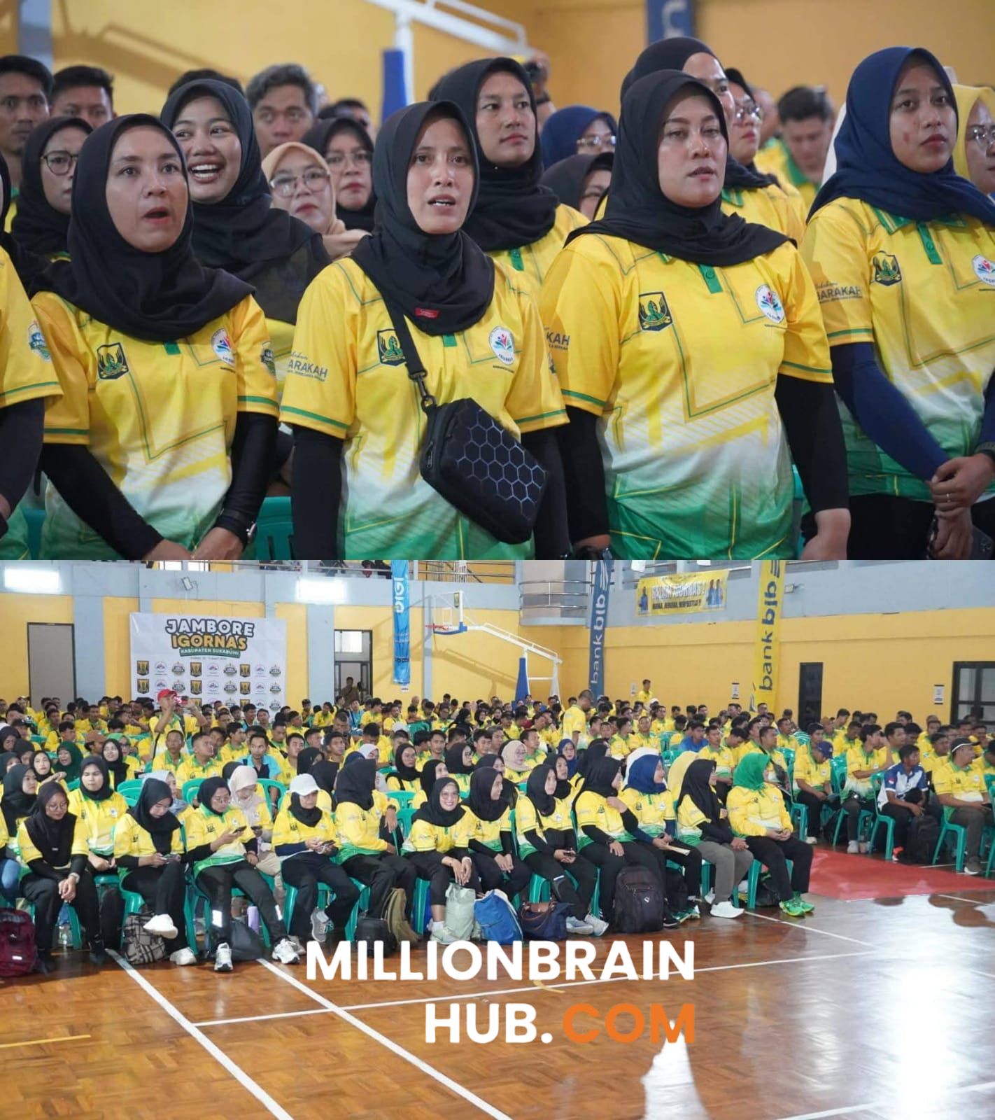 Seribuan guru olahraga di Kabupaten Sukabumi mengikuti jambore Ikatan Guru Olahraga Nasional (Igornas) di GOR Pemuda Cisaat, Jumat (10/4/2026). |Foto: ist